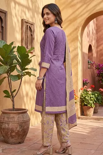 Purple printed cotton blend stitched geometric print salwar kurta dupatta for women