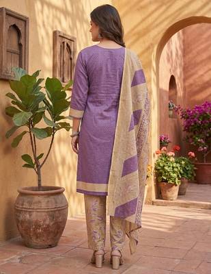 Purple printed cotton blend stitched geometric print salwar kurta dupatta for women 3