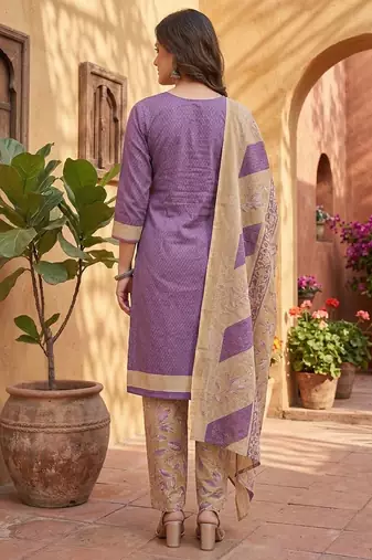 Purple printed cotton blend stitched geometric print salwar kurta dupatta for women
