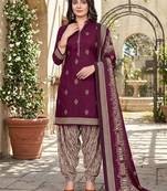 Wine printed cotton blend stitched geometric print salwar kurta dupatta for women