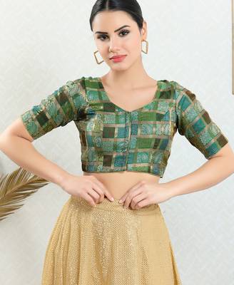 Women's brocade padded front open elbow sleeves saree blouse 1