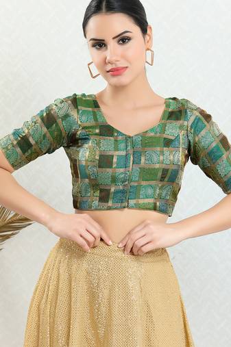 Women's brocade padded front open elbow sleeves saree blouse