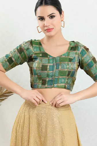 Women's brocade padded front open elbow sleeves saree blouse