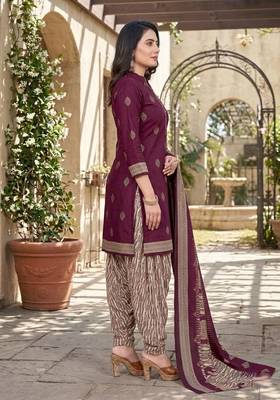 Wine printed cotton blend stitched geometric print salwar kurta dupatta for women 2