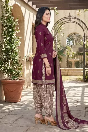 Wine printed cotton blend stitched geometric print salwar kurta dupatta for women