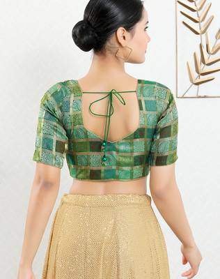 Women's brocade padded front open elbow sleeves saree blouse 2