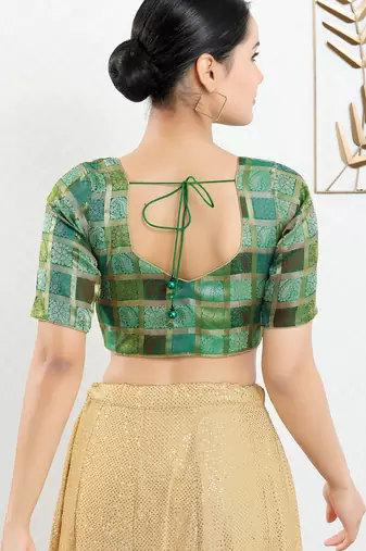Women's brocade padded front open elbow sleeves saree blouse