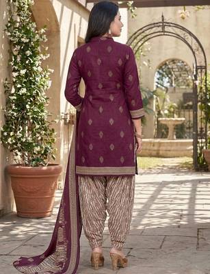 Wine printed cotton blend stitched geometric print salwar kurta dupatta for women 3