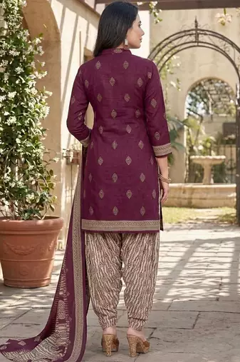 Wine printed cotton blend stitched geometric print salwar kurta dupatta for women