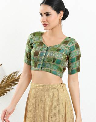 Women's brocade padded front open elbow sleeves saree blouse 3