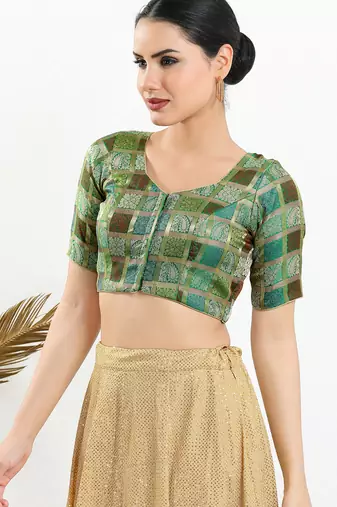 Women's brocade padded front open elbow sleeves saree blouse