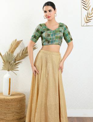 Women's brocade padded front open elbow sleeves saree blouse 4