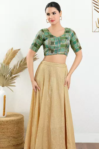 Women's brocade padded front open elbow sleeves saree blouse