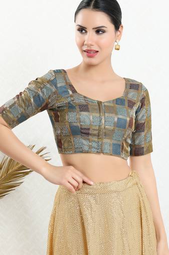 Women's brocade padded front open elbow sleeves saree blouse