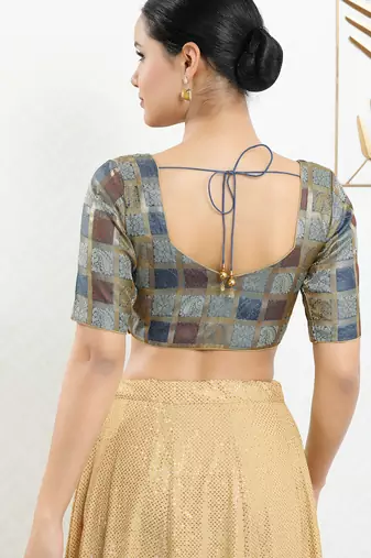 Women's brocade padded front open elbow sleeves saree blouse