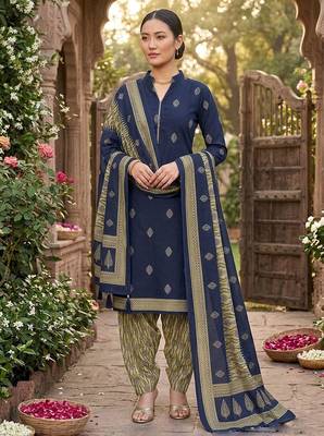 Blue printed cotton blend stitched geometric print salwar kurta dupatta for women 1
