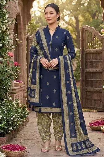 Blue printed cotton blend stitched geometric print salwar kurta dupatta for women