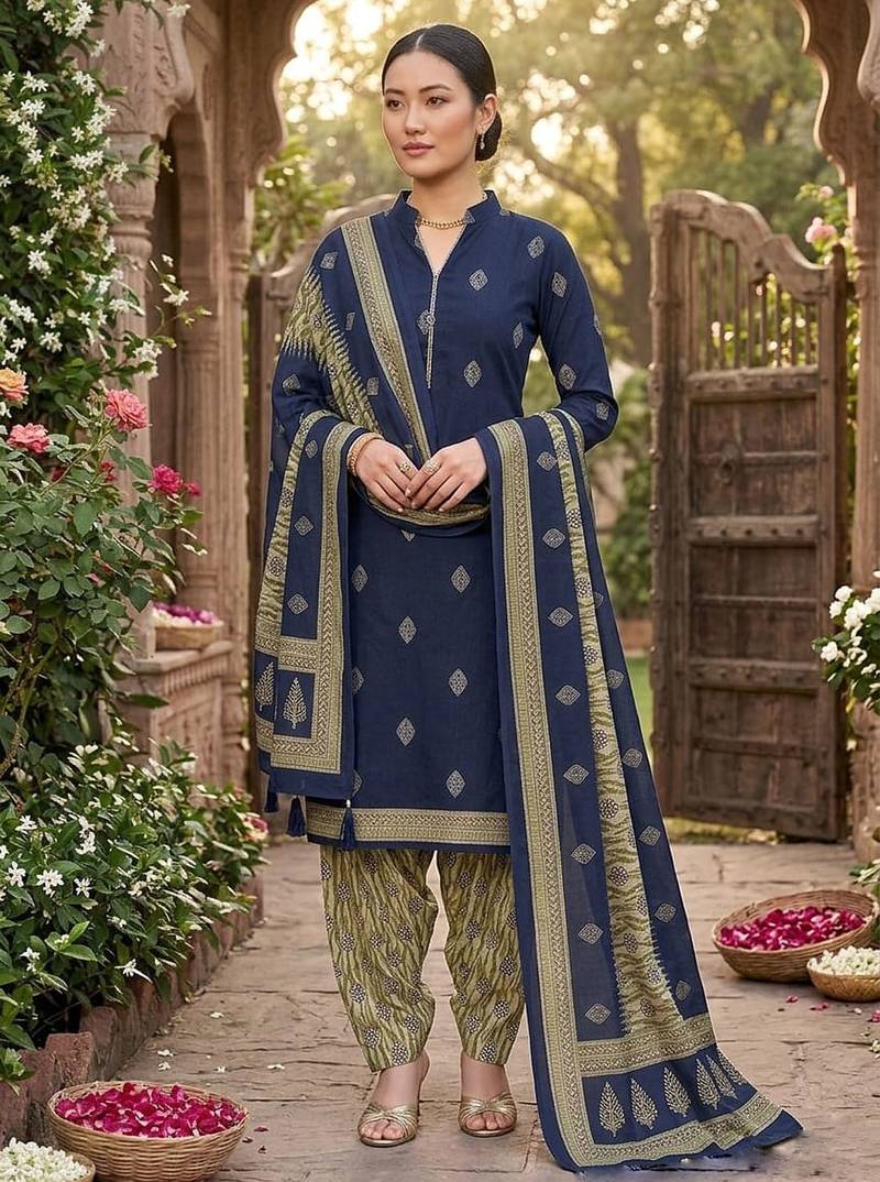 Blue printed cotton blend stitched geometric print salwar kurta dupatta for women