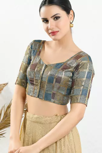 Women's brocade padded front open elbow sleeves saree blouse