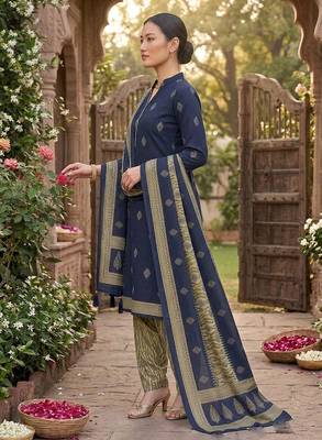 Blue printed cotton blend stitched geometric print salwar kurta dupatta for women 2