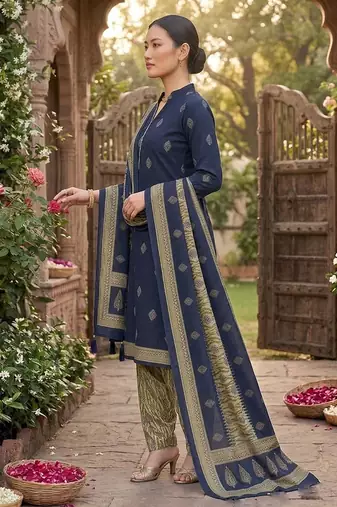 Blue printed cotton blend stitched geometric print salwar kurta dupatta for women