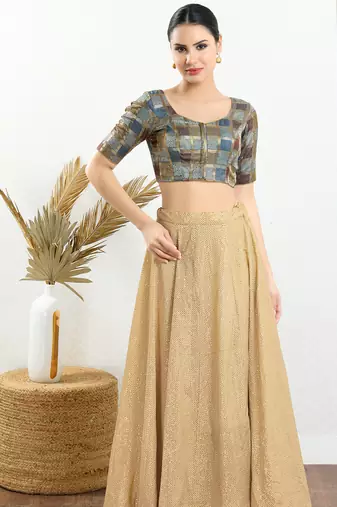 Women's brocade padded front open elbow sleeves saree blouse