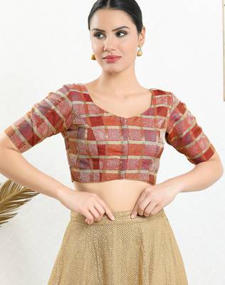 Women's brocade padded front open elbow sleeves saree blouse 1