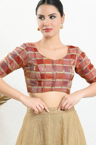 Women's brocade padded front open elbow sleeves saree blouse