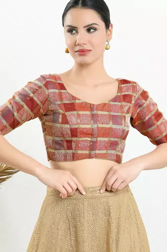 Women's brocade padded front open elbow sleeves saree blouse