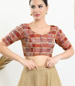 Women's brocade padded front open elbow sleeves saree blouse