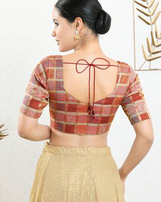 Women's brocade padded front open elbow sleeves saree blouse 2