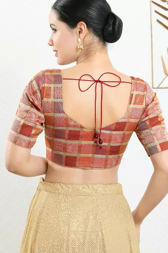 Women's brocade padded front open elbow sleeves saree blouse
