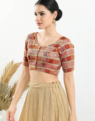 Women's brocade padded front open elbow sleeves saree blouse 3