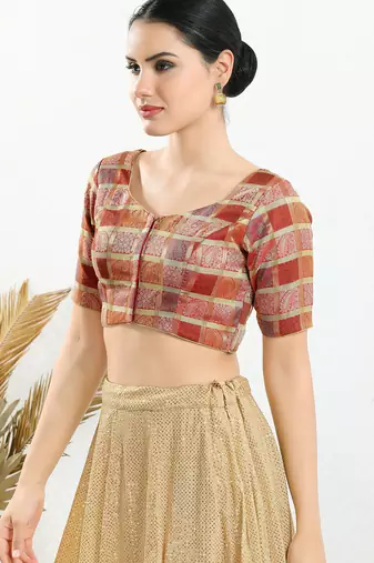 Women's brocade padded front open elbow sleeves saree blouse