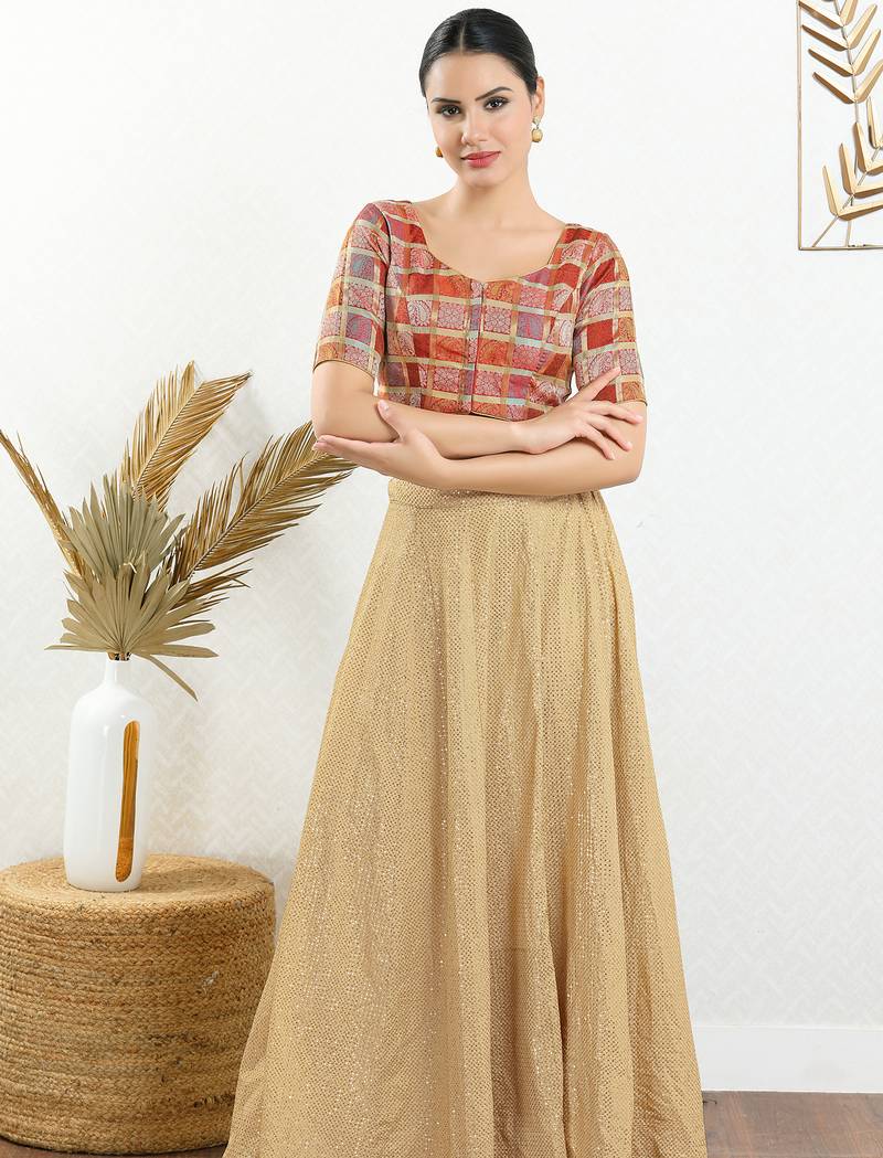 Women's brocade padded front open elbow sleeves saree blouse