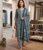 Teal printed cotton blend stitched geometric print salwar kurta dupatta for women