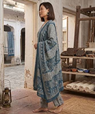 Teal printed cotton blend stitched geometric print salwar kurta dupatta for women 2
