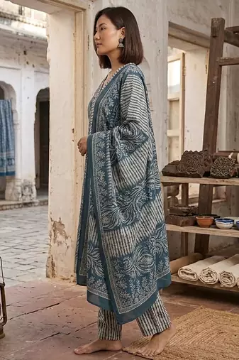 Teal printed cotton blend stitched geometric print salwar kurta dupatta for women