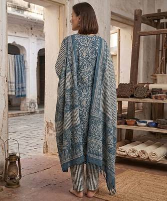 Teal printed cotton blend stitched geometric print salwar kurta dupatta for women 3