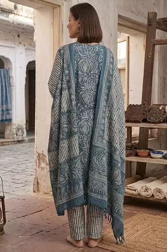 Teal printed cotton blend stitched geometric print salwar kurta dupatta for women