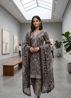 Wine printed cotton blend stitched geometric print salwar kurta dupatta for women 1