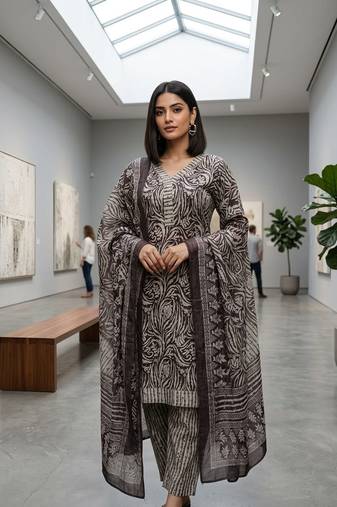 Wine printed cotton blend stitched geometric print salwar kurta dupatta for women