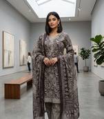 Wine printed cotton blend stitched geometric print salwar kurta dupatta for women