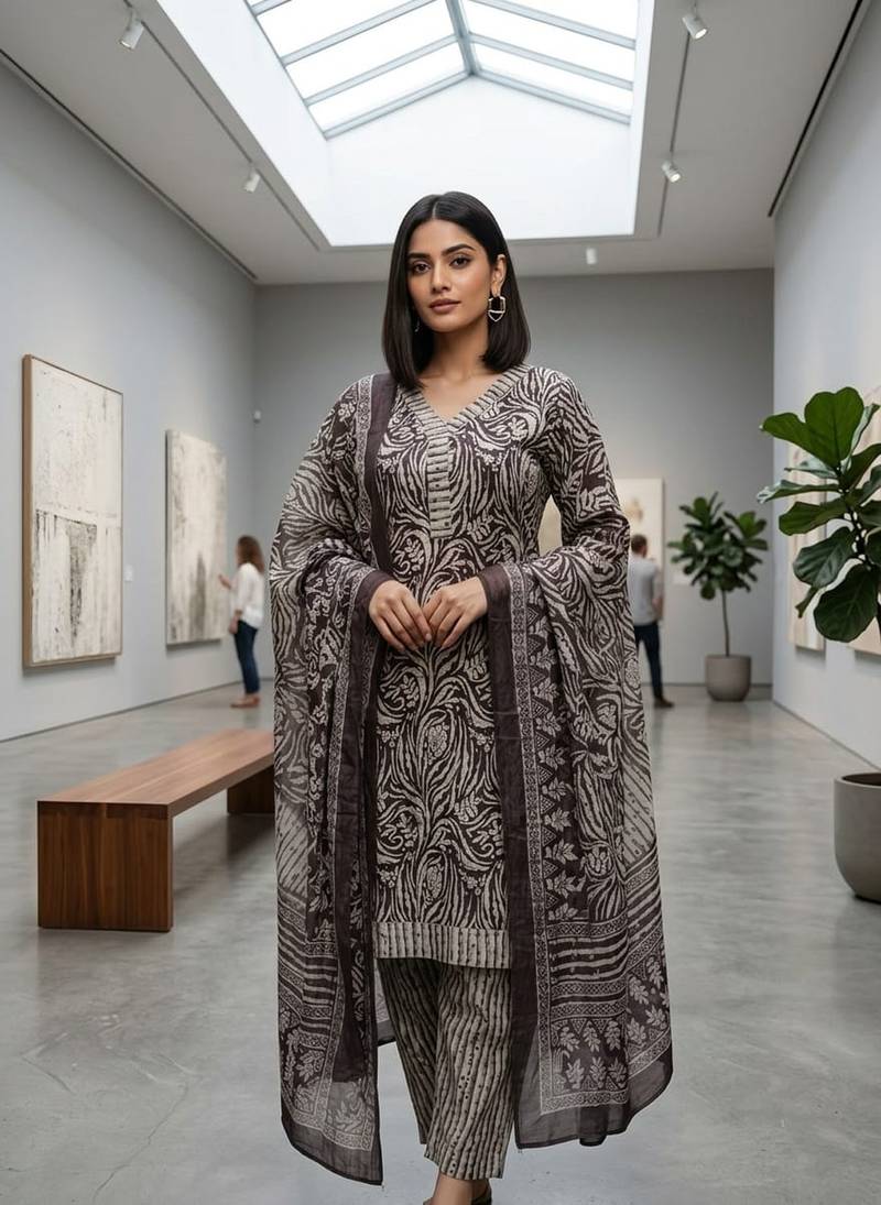 Wine printed cotton blend stitched geometric print salwar kurta dupatta for women