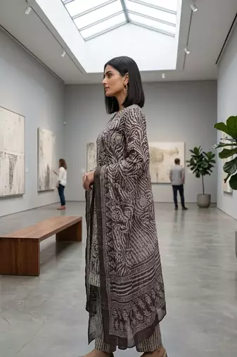 Wine printed cotton blend stitched geometric print salwar kurta dupatta for women