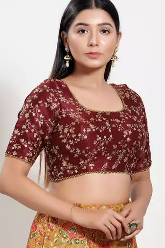 Women's mulbury silk padded back open elbow sleeves saree blouse