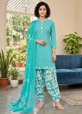 Blue printed cotton blend stitched geometric print salwar kurta dupatta for women 1