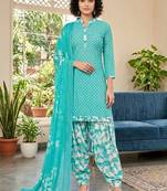 Blue printed cotton blend stitched geometric print salwar kurta dupatta for women