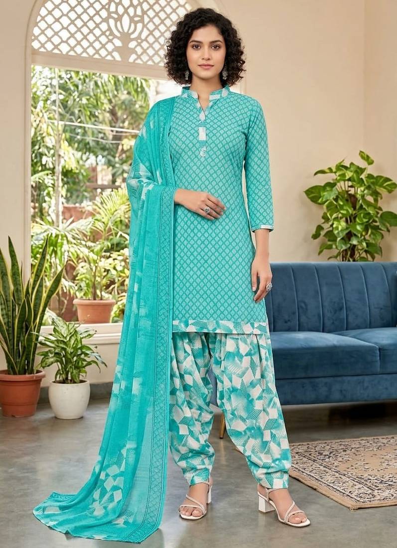 Blue printed cotton blend stitched geometric print salwar kurta dupatta for women