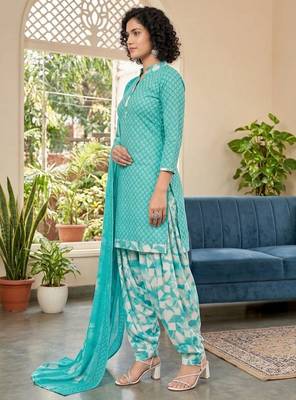 Blue printed cotton blend stitched geometric print salwar kurta dupatta for women 2